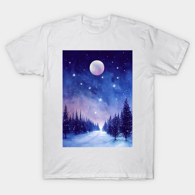 Winter landscape with pink moon - watercolor T-Shirt by redwitchart